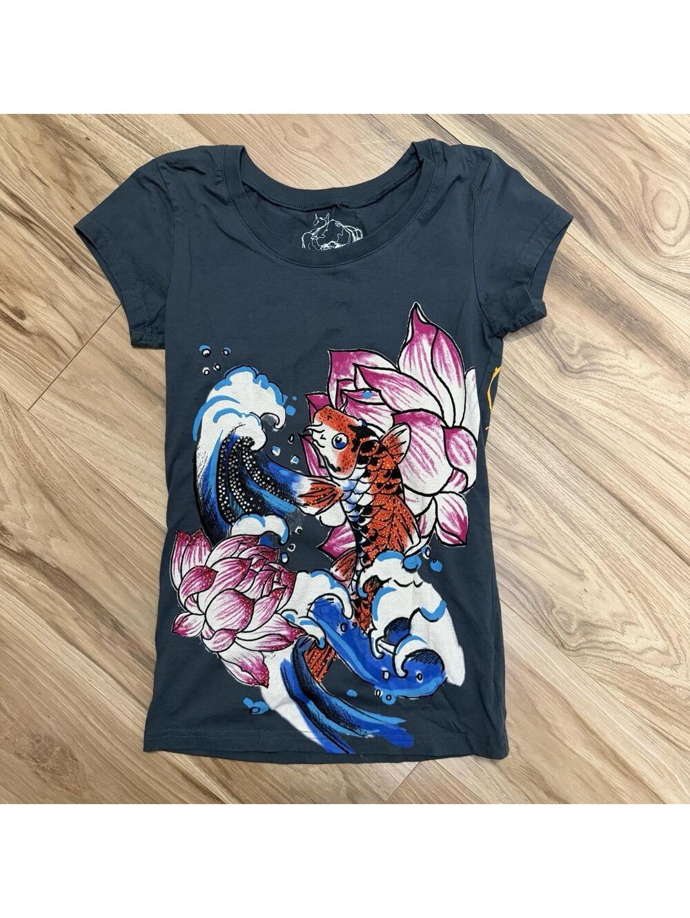 Sweet T LA Koi Fish Rhinestone Graphic Tee M Y2K McBling Japanese Lotus Navy